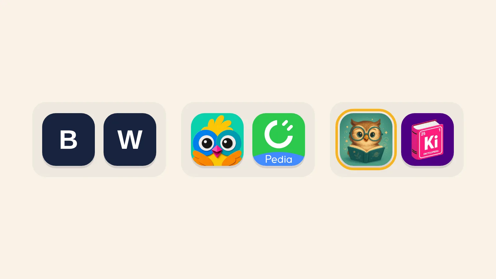 Icons of the six kids' encyclopedia products in this comparison, in three groups: letter marks for the two websites, Britannica Kids and World Book Kids; Wikids and Cretapedia; and Encyclopedia: Kids Learning, outlined in gold, beside Kids Encyclopedia with AI.
