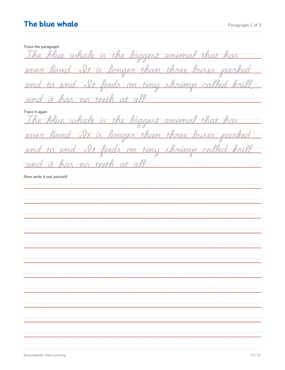 A sheet from the cursive set: a paragraph about the blue whale printed in grey cursive to trace over, then ruled rows to write it out.