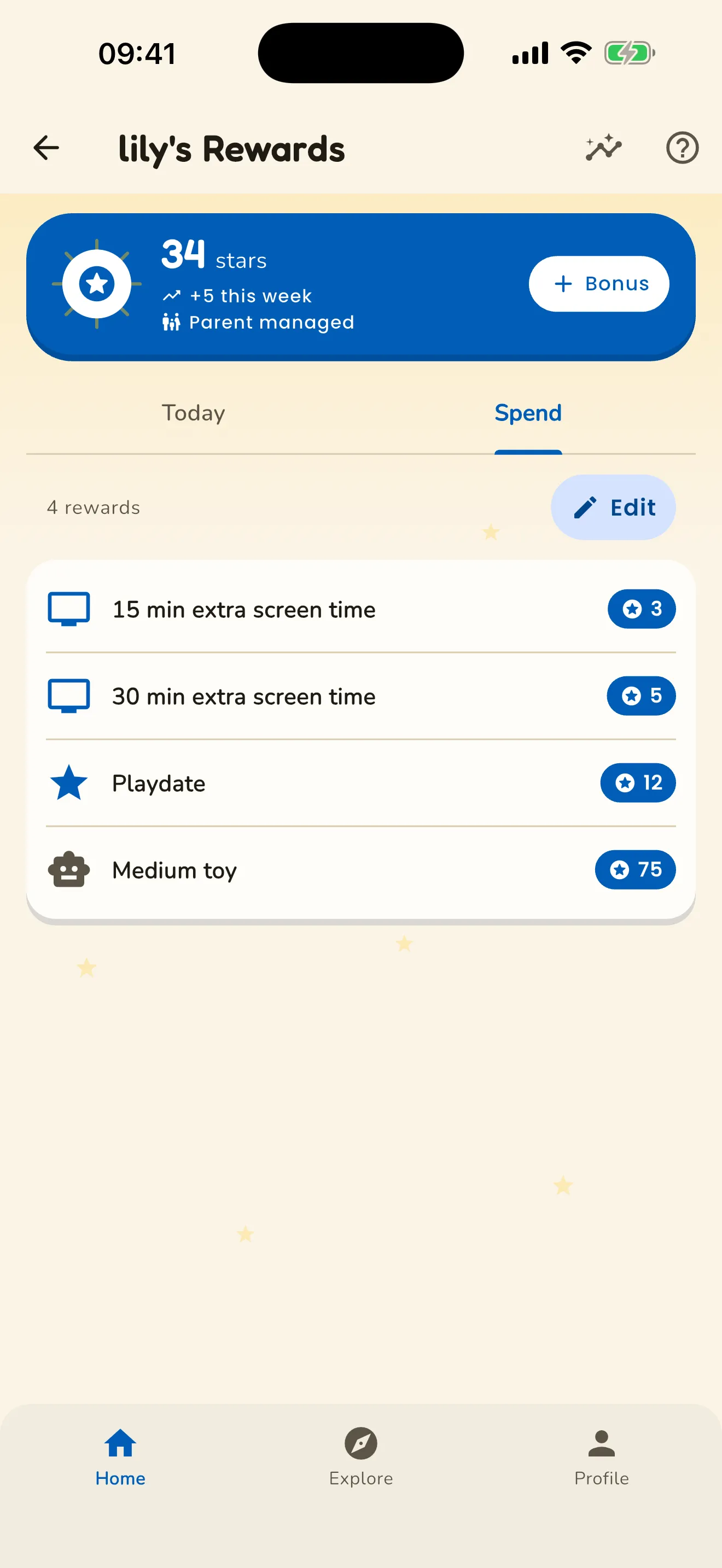 The star-rewards Spend tab in Encyclopedia: parent-defined rewards (extra screen time, a playdate, a medium toy), each priced in stars.