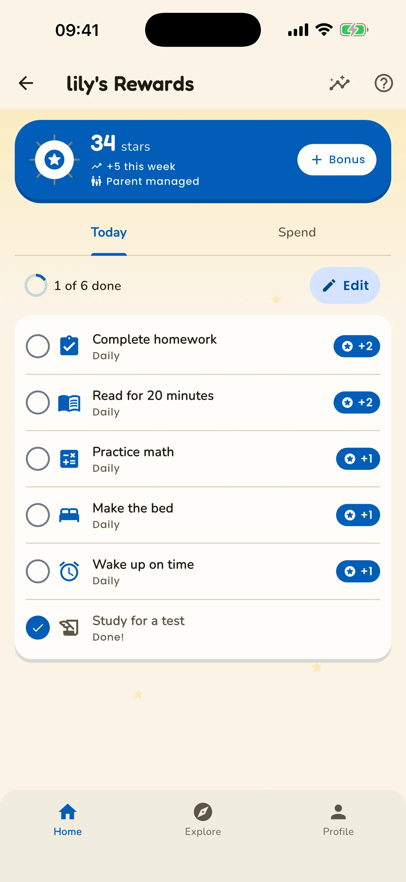The star-rewards Today tab in Encyclopedia: parent-set daily tasks such as complete homework, read for 20 minutes and make the bed, each paying out one or two stars, with one task already checked off.